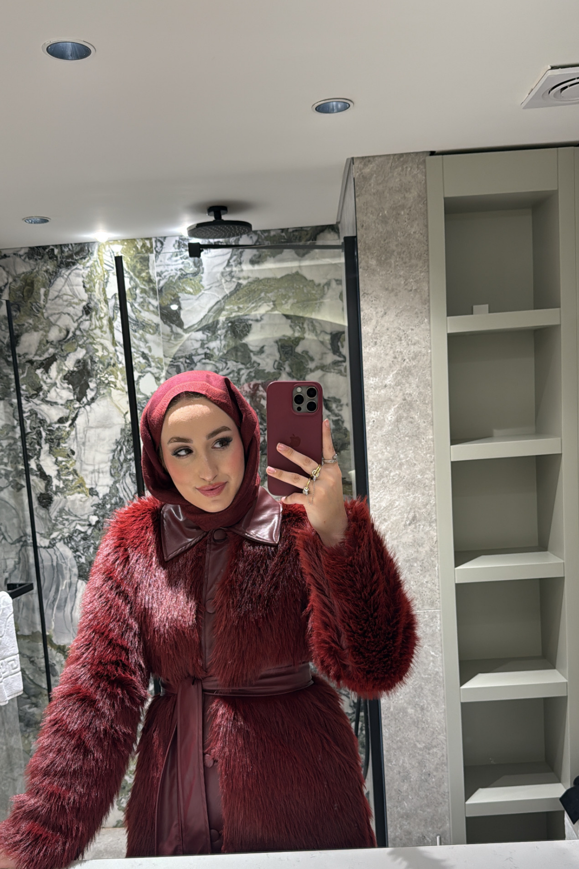 Vessa Deri Yakalı İthal Kürk -Bordo