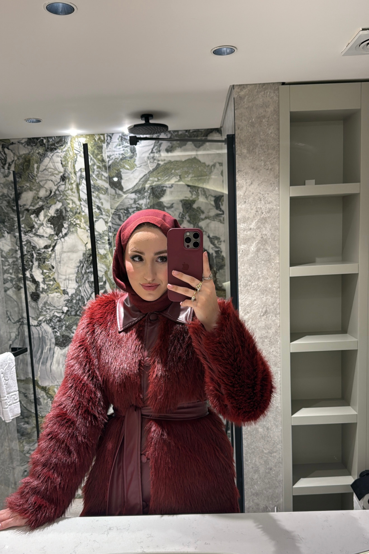 Vessa Deri Yakalı İthal Kürk -Bordo