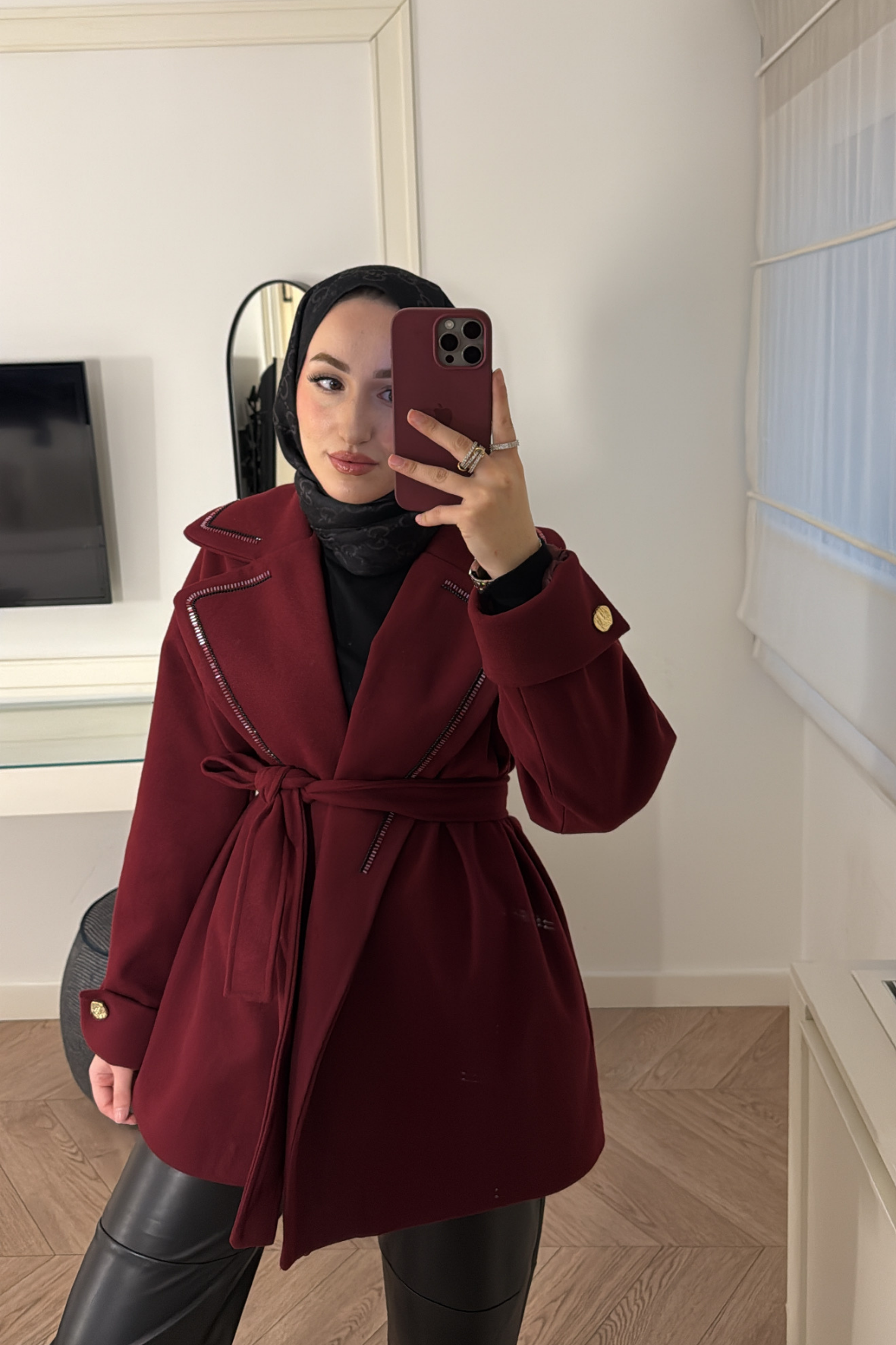 Yakası Boncuklu Nakışlı Gold Kaşe-Bordo