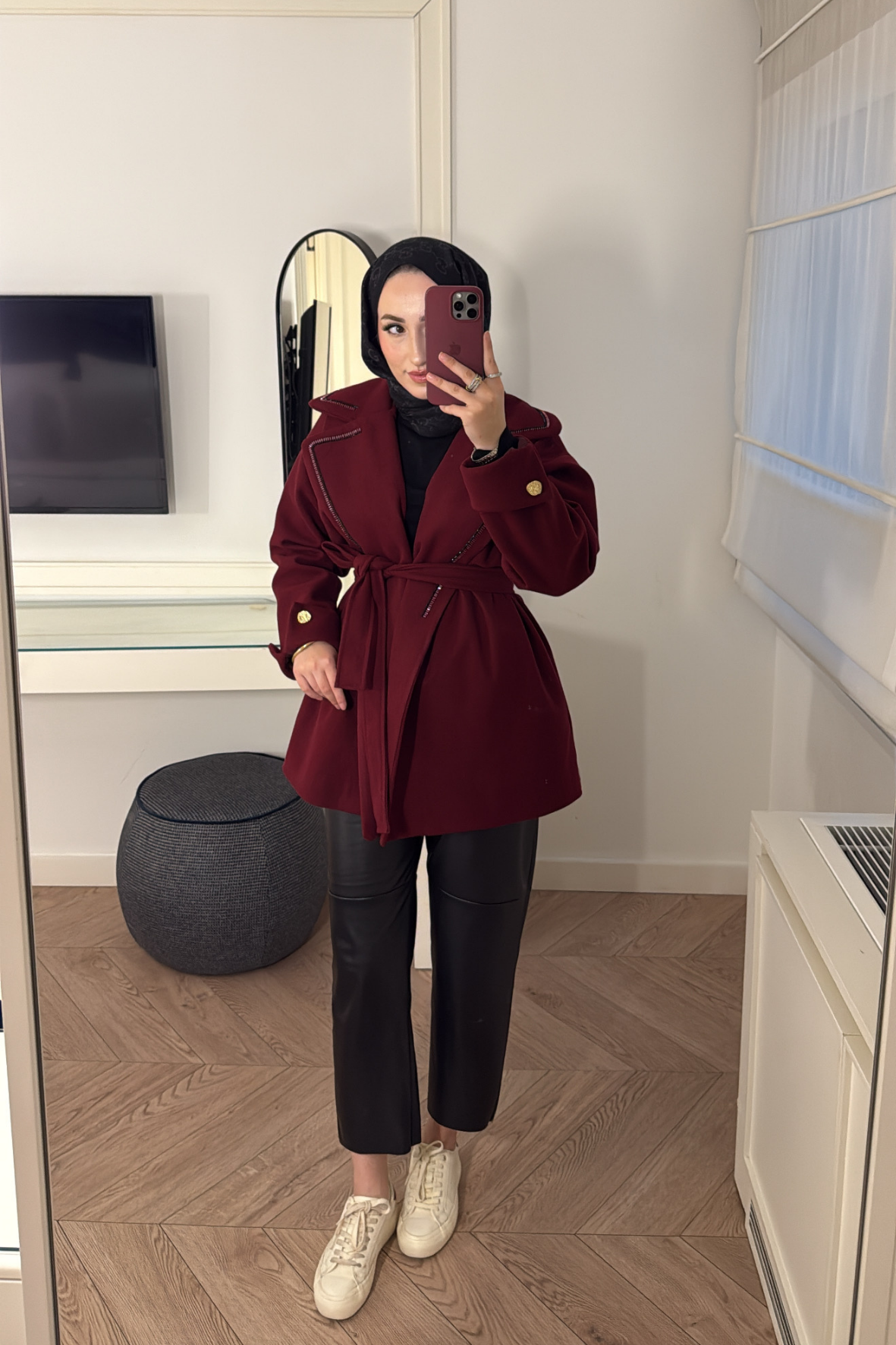 Yakası Boncuklu Nakışlı Gold Kaşe-Bordo
