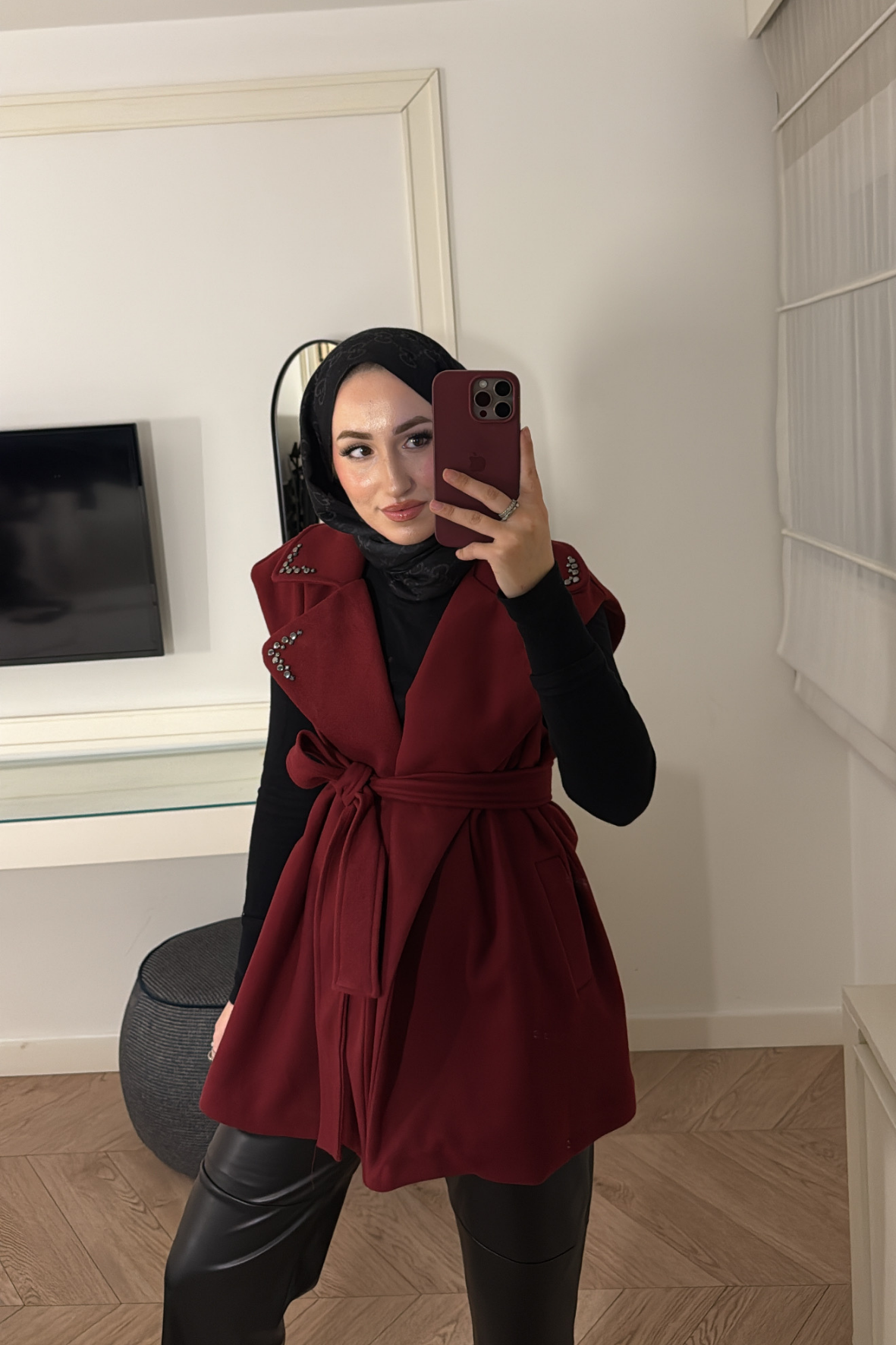 Yakası Taşlı Kaşe Yelek-Bordo
