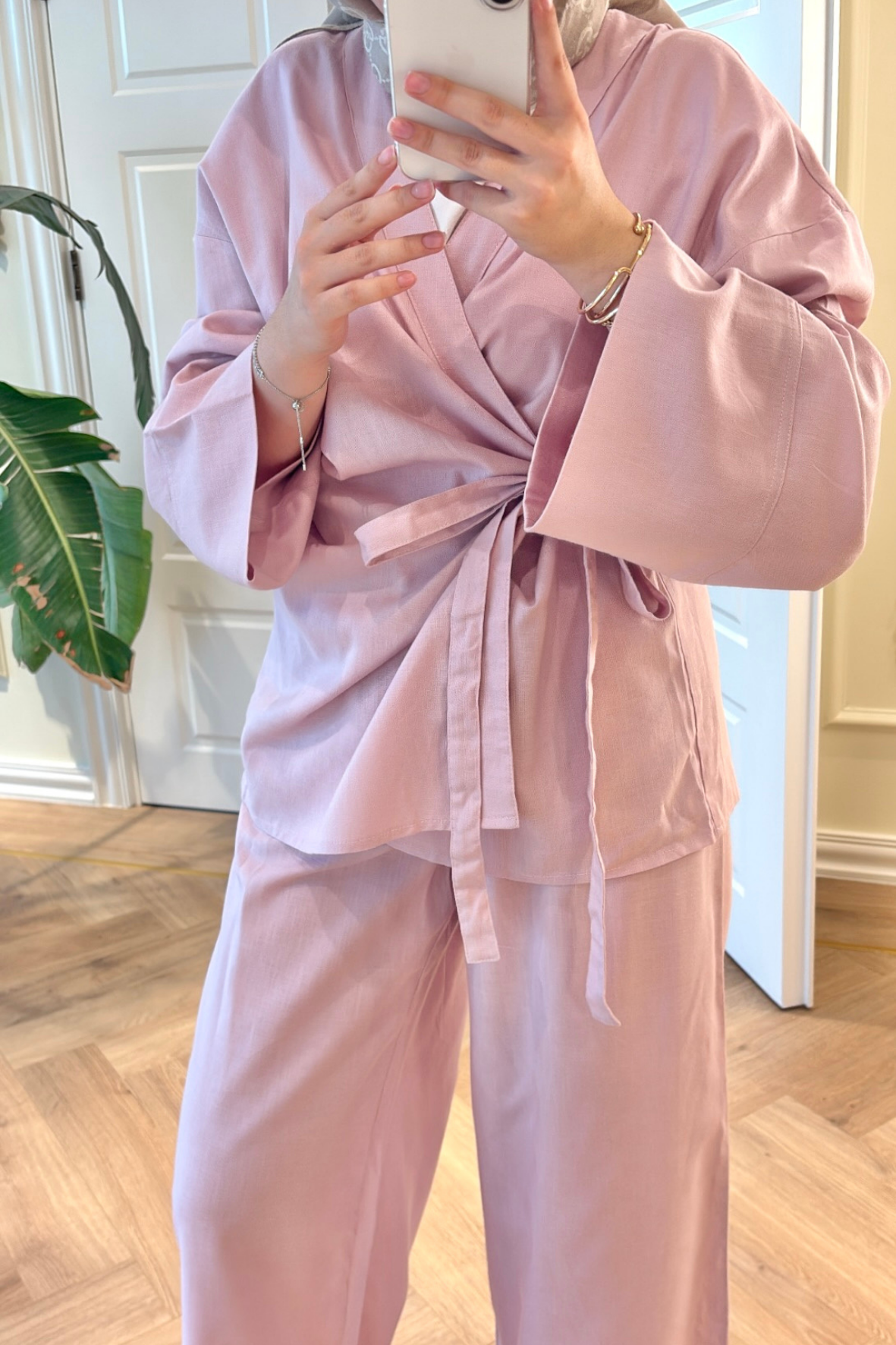 Yandan Bağlamalı Pantolonlu Takım - Pembe