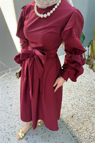 Yare kolları kıvrımlı elbise-bordo - vakronline