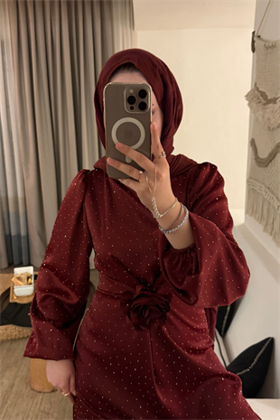 Francisco taşlı elbise bordo - vakronline