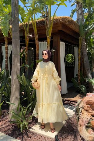 Tesettür Brice Özel Seri Bağlamalı Elbise-yellow