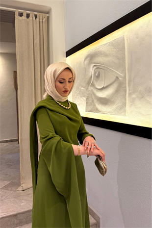 Şal detaylı volan elbise olive (ön sipariş) - vakronline