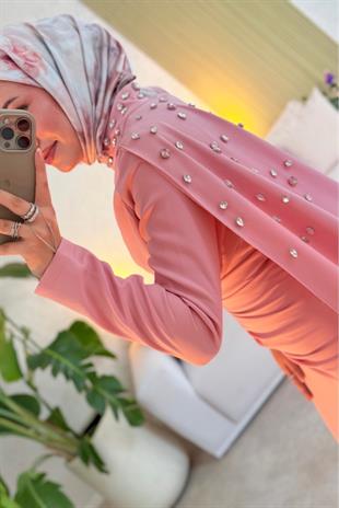 Mariana taşlı özel seri elbise -pembe - Vakronline