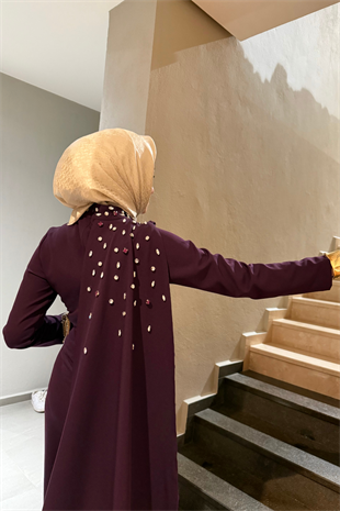 Mariana taşlı özel seri elbise  -burgonya  - Vakronline