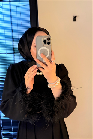 Kolları tüylü i̇thal elbise-siyah - vakronline