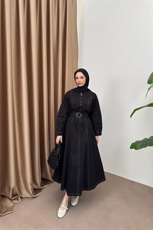 Çizgili Gabardin elbise-siyah