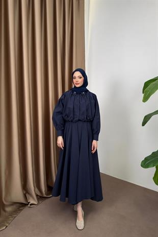 Çiçek Aksesuarlı Poplin Etekli Takım - Lacivert