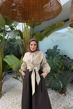 Balon kol gömlek-bej - vakronline