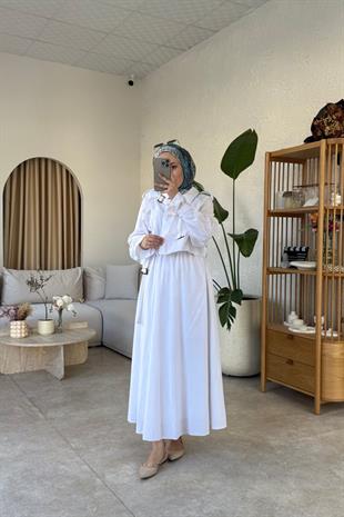 Keten Premium Elbise-Beyaz