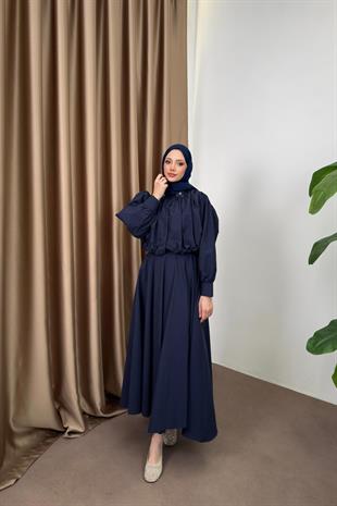 Çiçek Aksesuarlı Poplin Etekli Takım - Lacivert