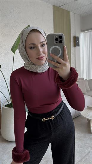 Peluş kollu body-bordo - vakronline