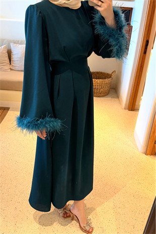 Kolları tüylü i̇thal elbise-petrol- vakronline