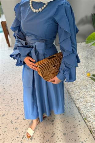 Yare kolları kıvrımlı elbise-bebe mavisi - vakronline