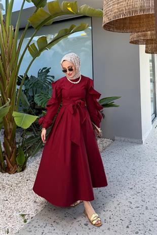 Yare kolları kıvrımlı elbise-bordo - vakronline