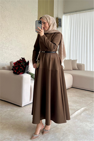 Dara kemerli scuba elbise-acı kahve - vakronline