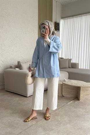 Keten yandan bağlamalı kimono-bebe mavisi - vakronline