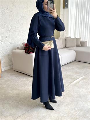 Dara kemerli scuba elbise-lacivert - vakronline