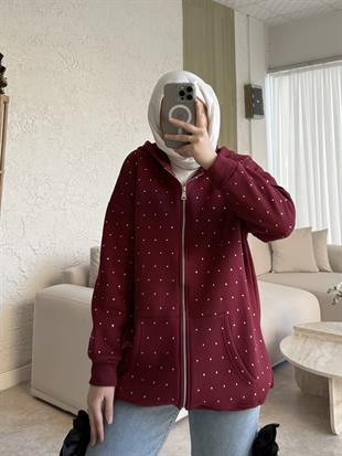 Zra model full taşlı kapüşonlu sweat-bordo - vakronline
