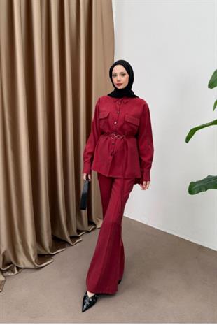 Paria pantolonlu tensel takım-bordo 