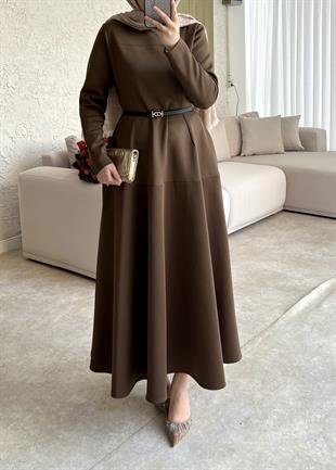 Dara kemerli scuba elbise-acı kahve - vakronline