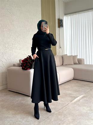 Dara kemerli scuba elbise-siyah - vakronline