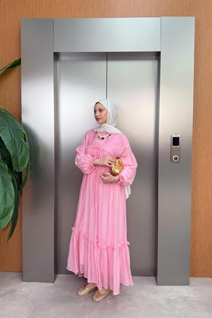 tesettür Brice Özel Seri Bağlamalı Elbise-pink