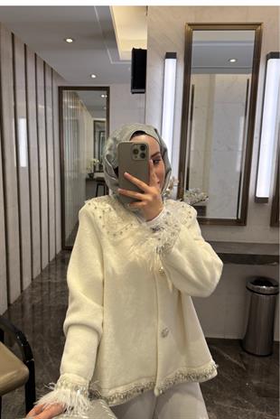 İthal Taşlı Angora Ceket-Ekru 