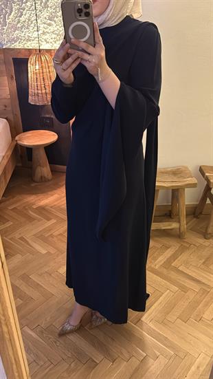 Tesettür Şal detaylı volan elbise -lacivert(ön sipariş)- vakronlin