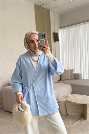 Keten yandan bağlamalı kimono-bebe mavisi - vakronline