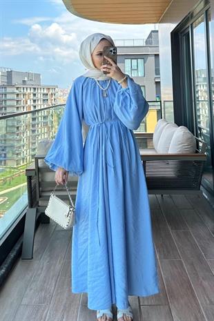 Tesettür Balon Kol Premium Elbise-Bebe mavi