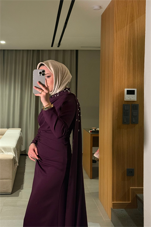 Mariana taşlı özel seri elbise  -burgonya  - Vakronline