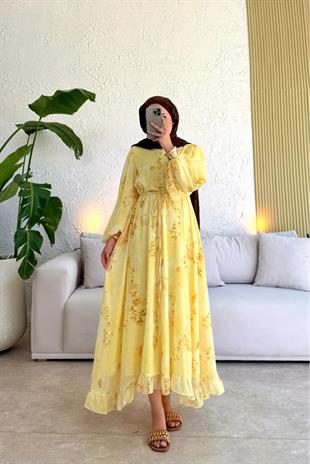 Senra Asimetrik Kesim Elbise - SARI