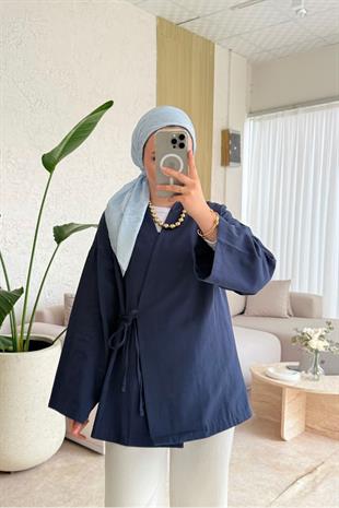 Keten yandan bağlamalı kimono-lacivert - vakronline