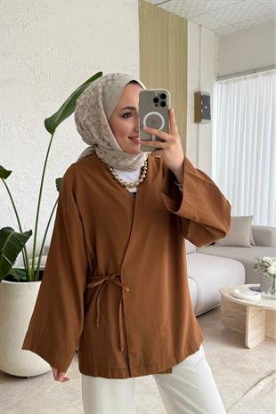 Keten yandan bağlamalı kimono-kahverengi - vakronline