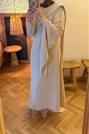 Şal detaylı volan elbise-bej - vakronline