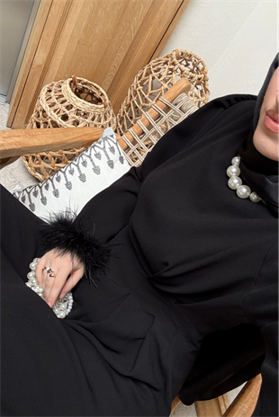 Kolları tüylü i̇thal elbise-siyah - vakronline