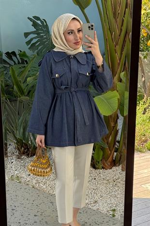 Navy gold düğmeli kot ceket - vakronline