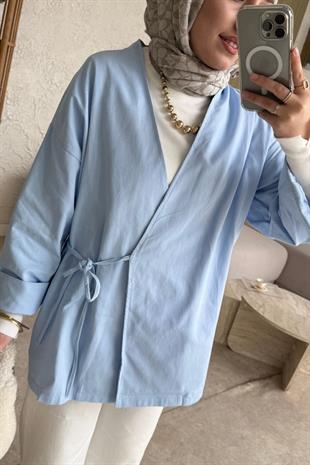 Keten yandan bağlamalı kimono-bebe mavisi - vakronline