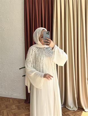 Taşli beyaz şi̇fon abaya elbi̇se - vakronline