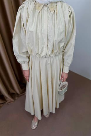 Çiçek Aksesuarlı Poplin Etekli Takım -Ekru