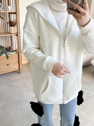 Zra model full taşlı kapüşonlu sweat-beyaz - vakronline