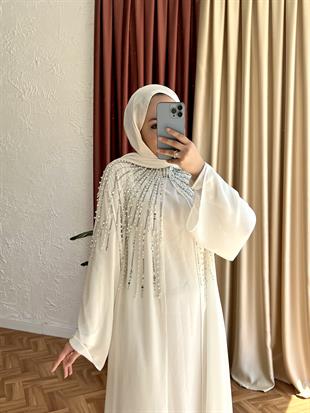 Taşli beyaz şi̇fon abaya elbi̇se - vakronline