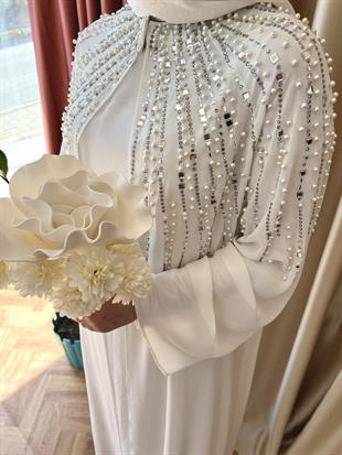 Taşli beyaz şi̇fon abaya elbi̇se - vakronline