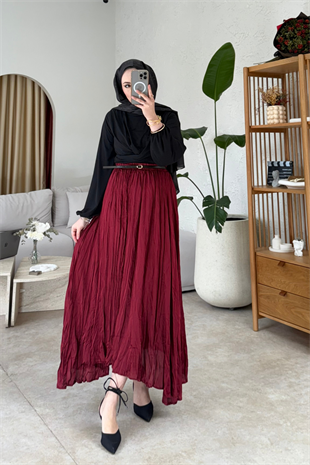 Saten kraş etek-bordo - vakronline
