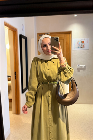 Premium kemerli elbise olive - Vakronline