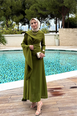 Şal detaylı volan elbise olive (ön sipariş) - vakronline